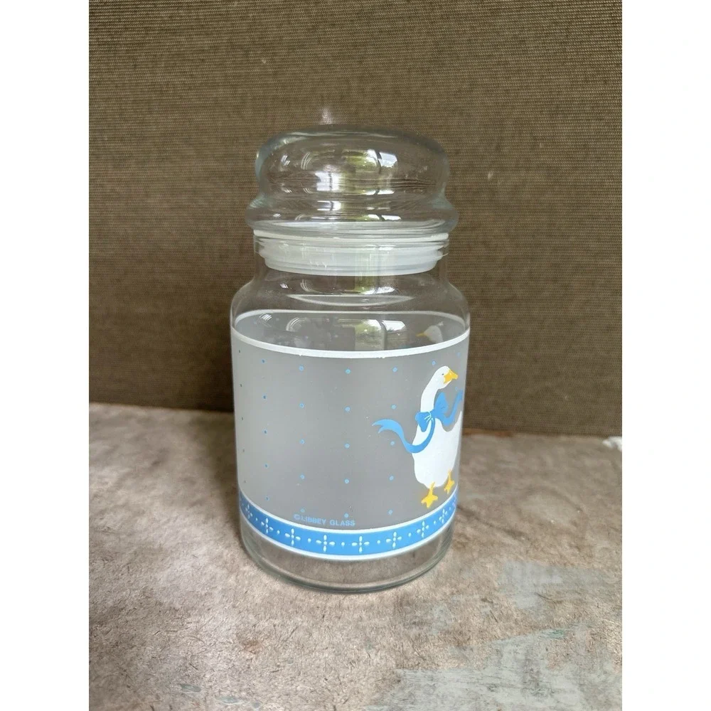 Vtg Storage Canister Jar Libbey Glass Goose with Blue Ribbon Frosted 7